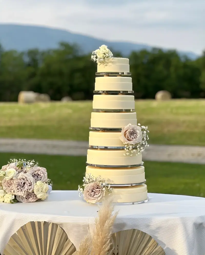 Torta nuziale a nove piani bianco panna con rose cipria, allestita su un tavolo in un prato al tramonto.