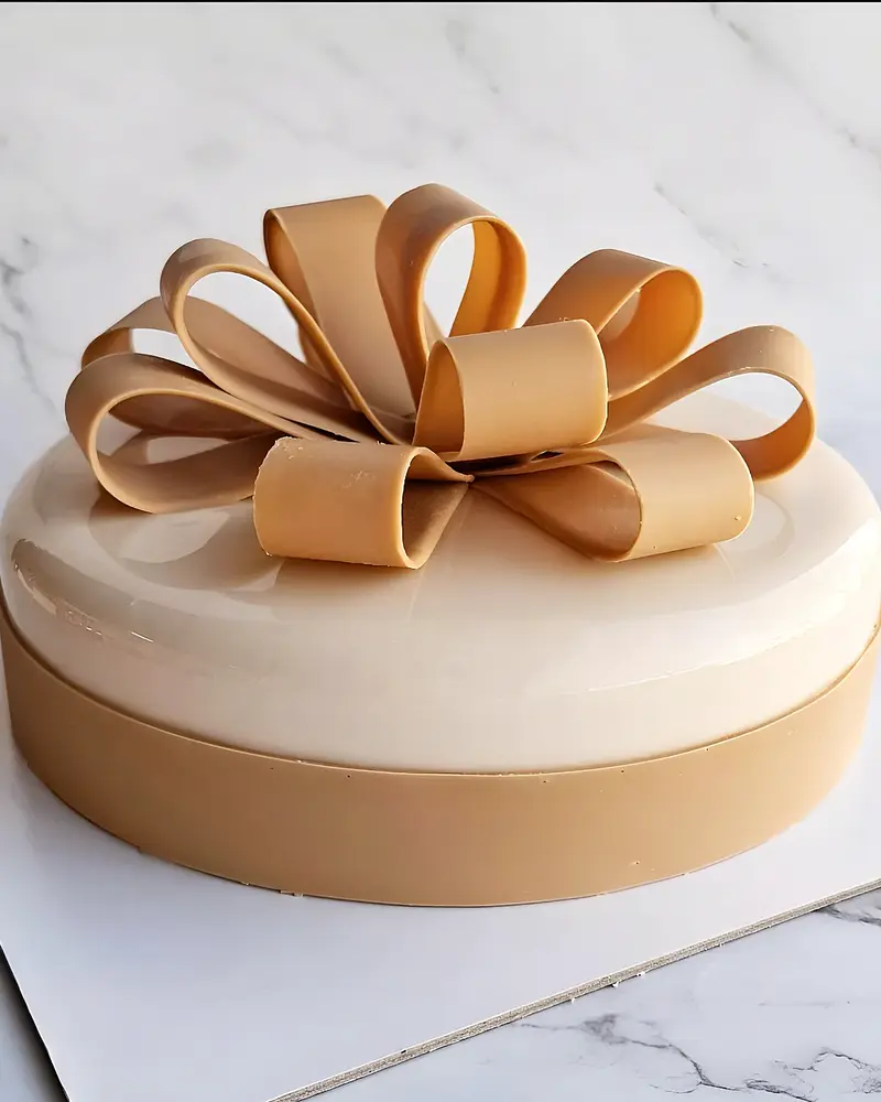 Torta semifreddo con glassa bianca lucida, fascia color caramello e un grande fiocco di cioccolato in superficie.