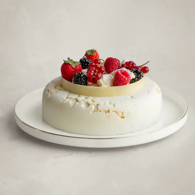 Torta semifreddo La meringata su un piatto bianco: superficie bianca con meringa sbriciolata, al centro un anello di cioccolato bianco colmo di fragole, lamponi, more e ribes rossi.