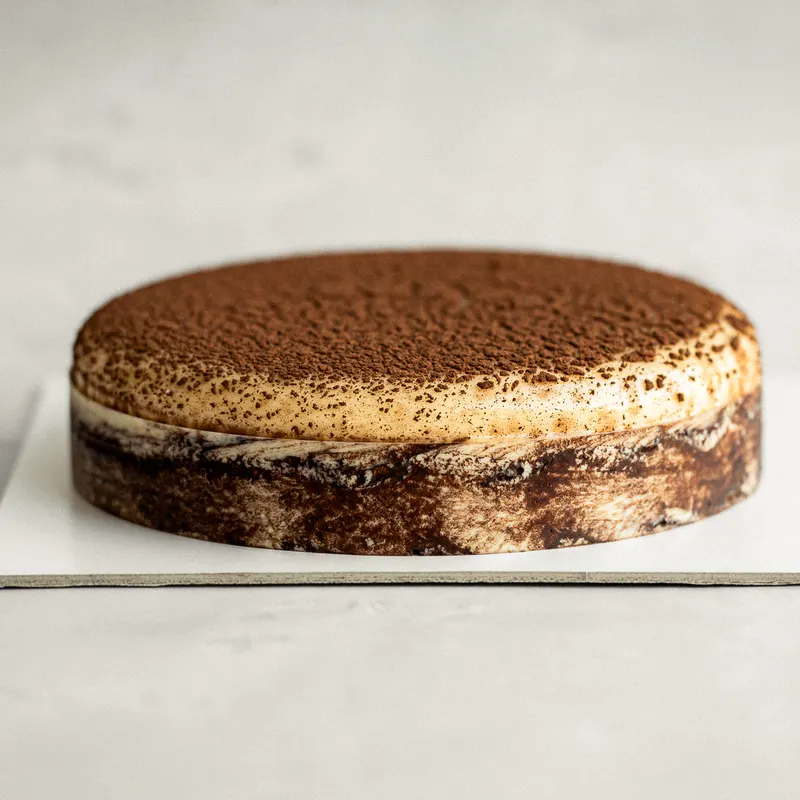 Torta semifreddo al tiramisù vista di lato, con cacao amaro in superficie e il bordo marmorizzato al cacao.