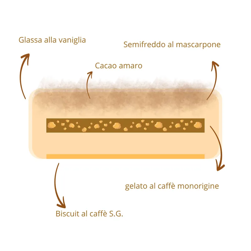 Sezione a strati della torta al tiramisù: cacao amaro, glassa alla vaniglia, semifreddo al mascarpone, gelato al caffè monorigine, biscuit al caffè S.G.